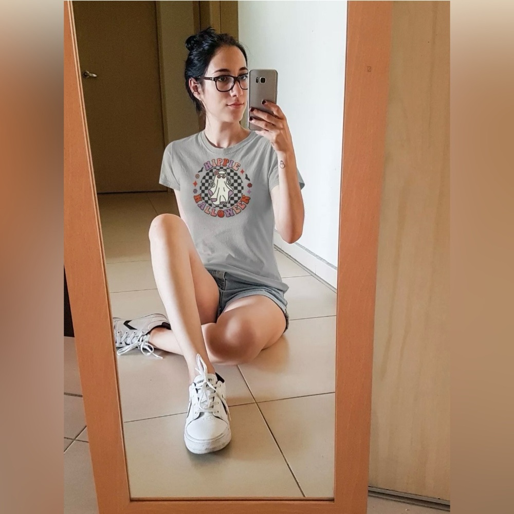 Hippie Halloween Ghost Peace Sign Women’s Grey Tee